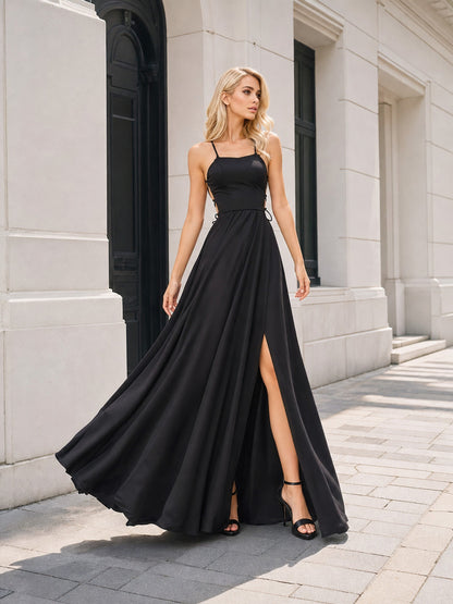 Women's Black Strappy Maxi Dress with Slit