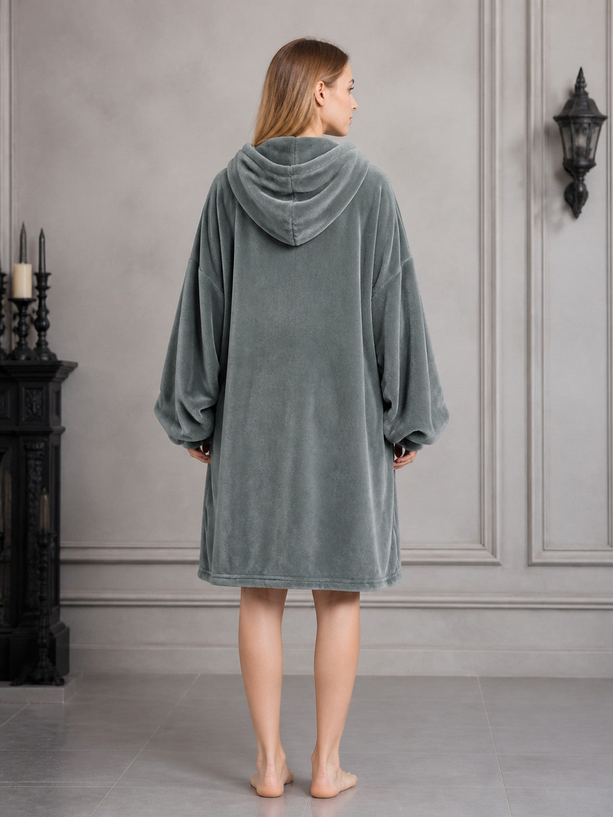 Gray Long Hooded Coat with Wide Sleeves and Large Front Pockets, Loose