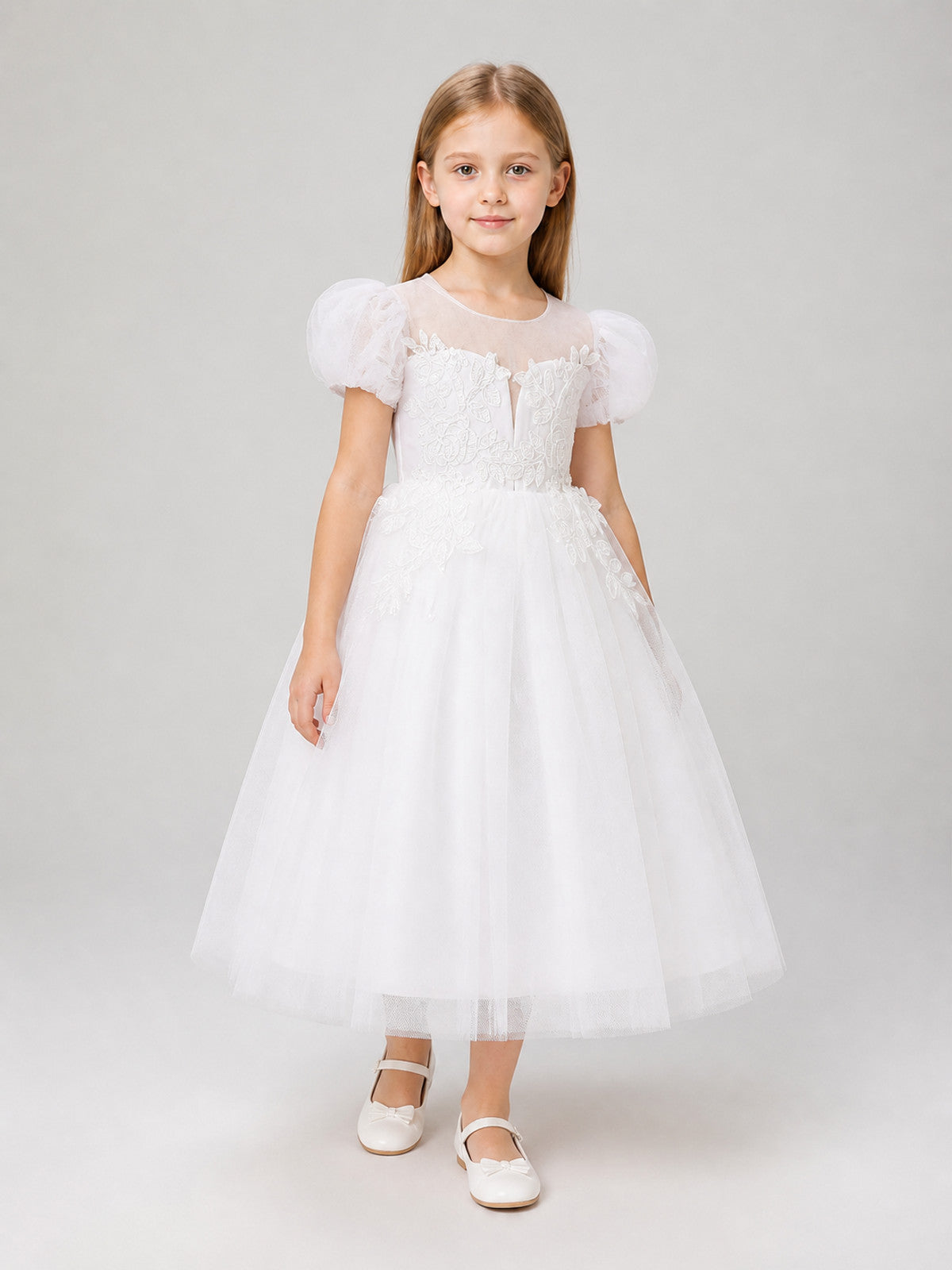 Princess Flower Girl Dress with Puff Sleeves for Weddings Costume Dresses detail