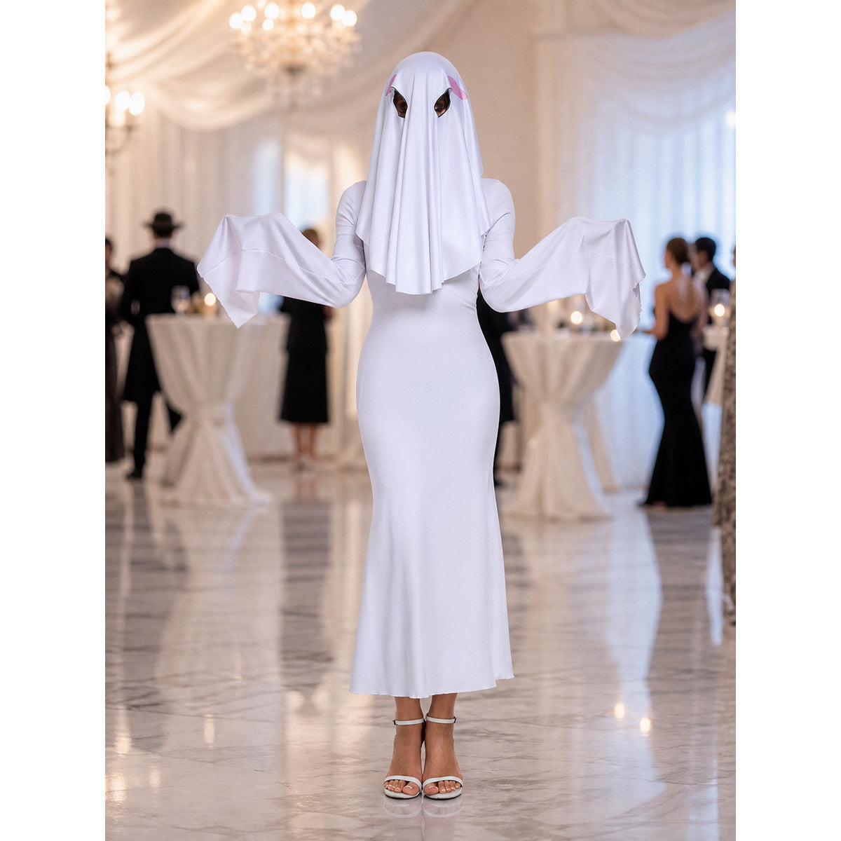 White Ghost Dress with Hood and Pink Accents