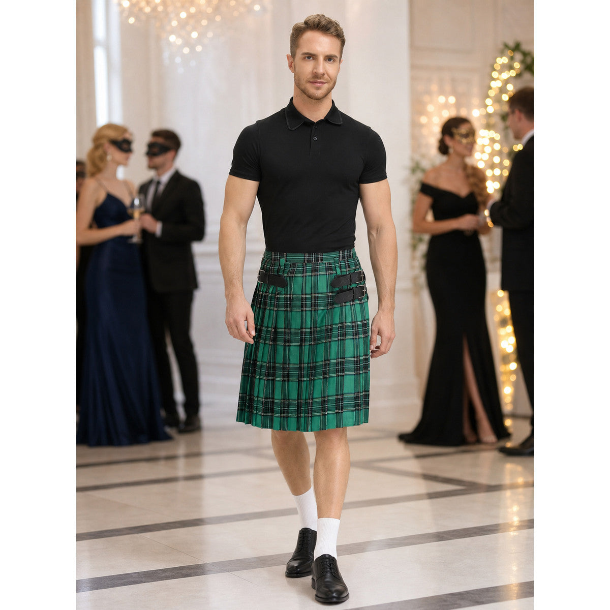 Pleated Plaid Skirt with Black Buckle