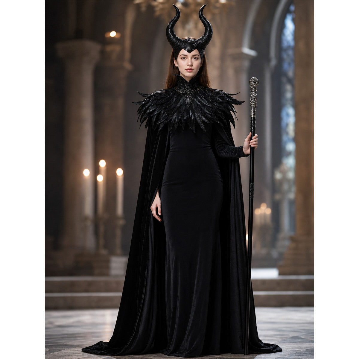 Black cape with scepter, dark fantasy-style set lifestyle view