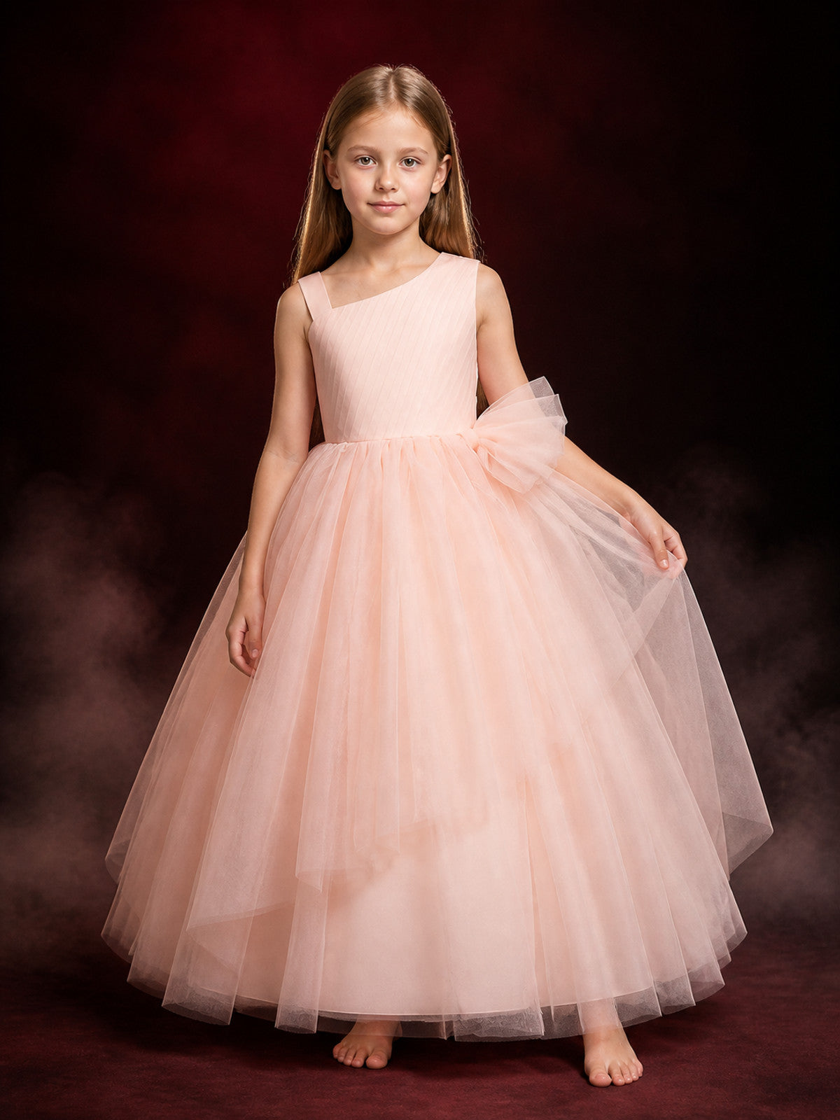 Girls' Blush Pink Princess Dress, One-Shoulder Layered Tulle Party Gown With Bow main product view