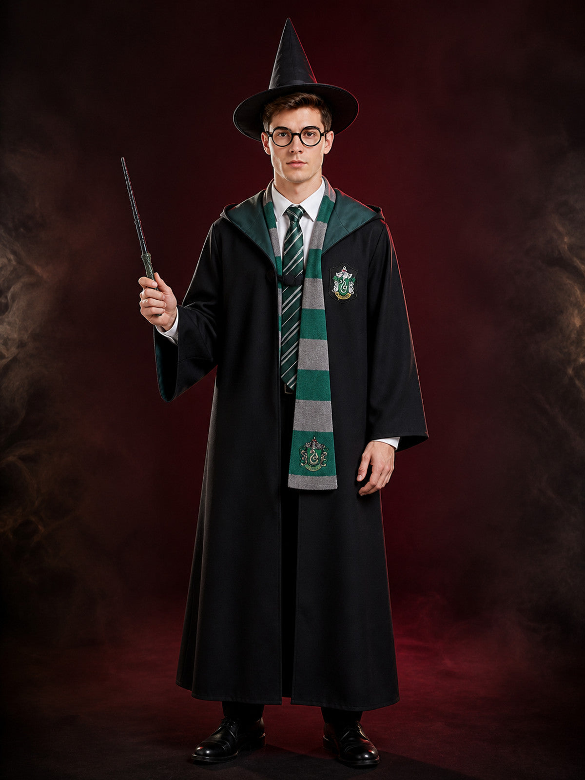 Kids Wizard Robe Costume Set with Green and Gray Striped Scarf, Hat, Glasses main product view
