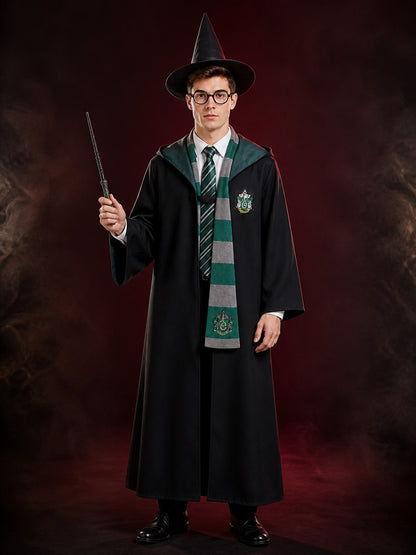 Kids Wizard Robe Costume Set with Green and Gray Striped Scarf, Hat, Glasses main product view
