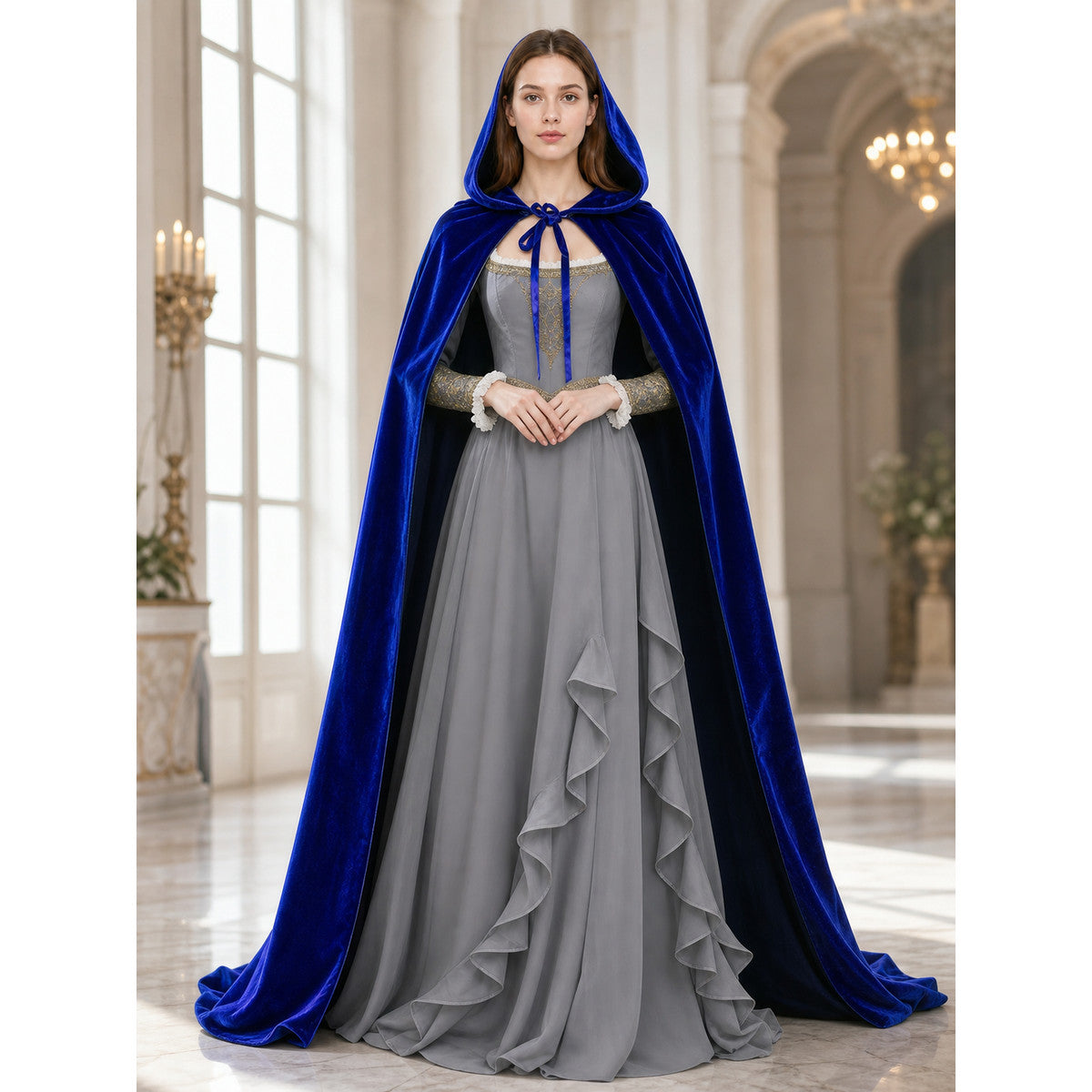 Long Blue Hooded Carnival Cape lifestyle