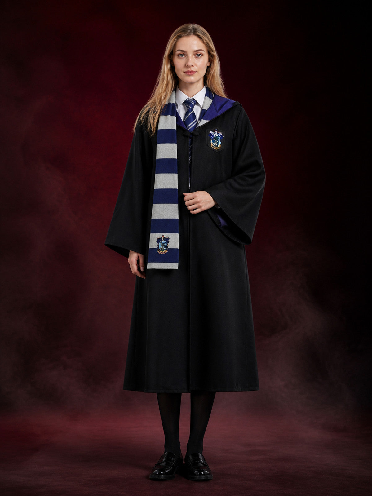 Ravenclaw Hooded Wizard Robe Costume Set with Striped Tie and Scarf, Halloween