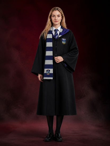 Ravenclaw Hooded Wizard Robe Costume Set with Striped Tie and Scarf, Halloween
