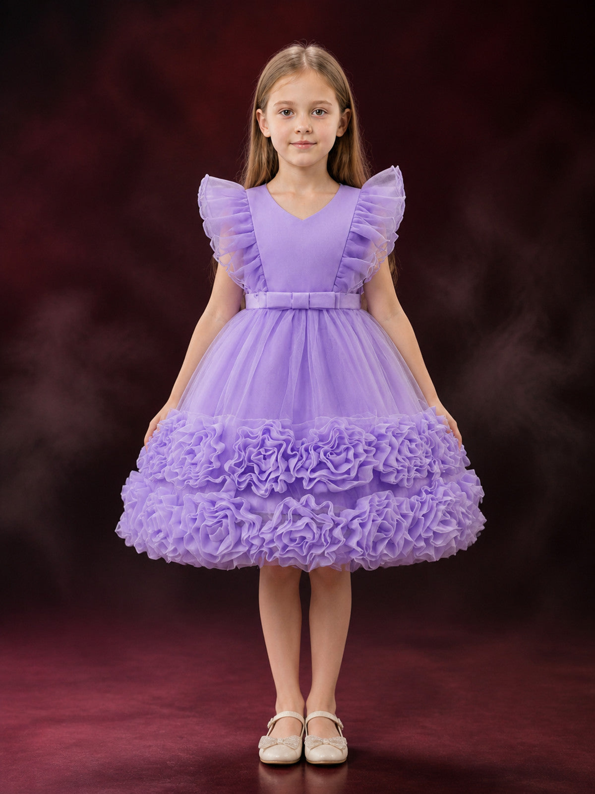 Toddler Girls' Lavender Princess Dress, Layered Tulle Skirt With Rose Trim And main product view