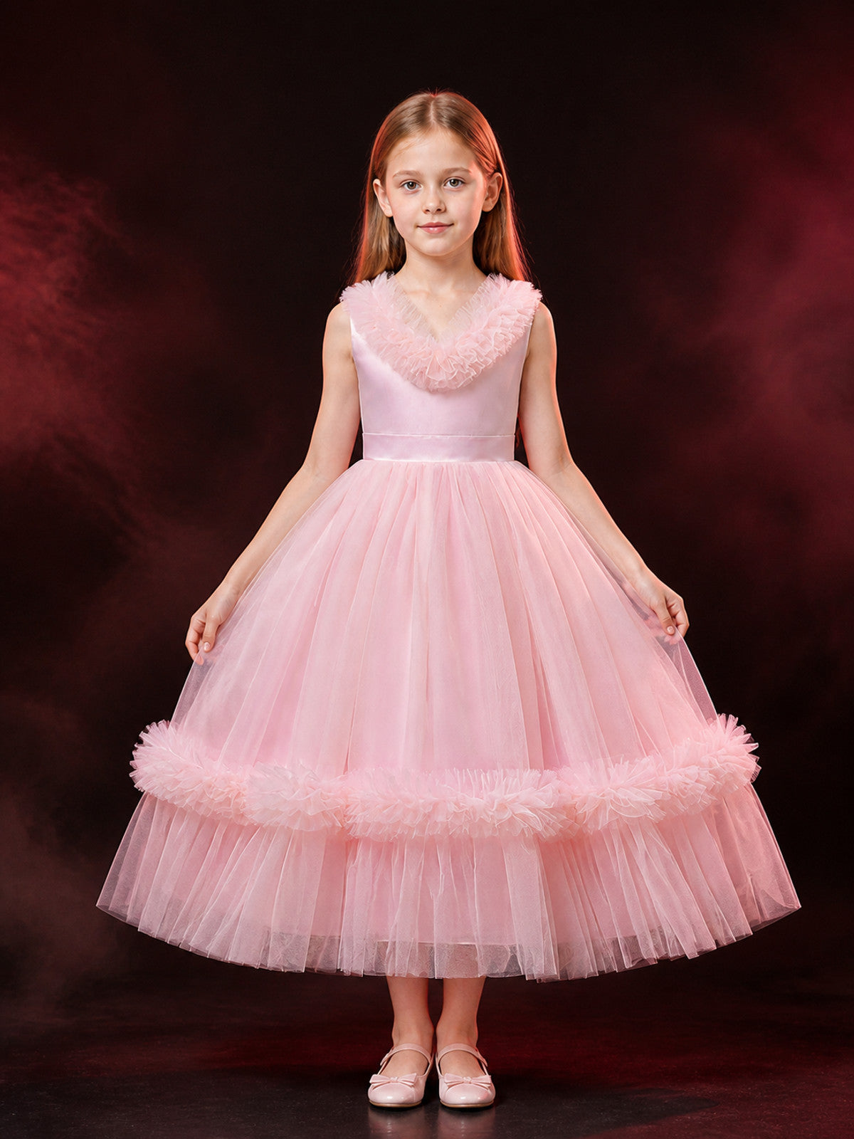 Girls' Pink Princess Formal Dress, Sleeveless V-Neck Ruffle Layered Tulle Gown