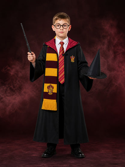 Kids Long Hooded Wizard Robe Costume Set with Red & Yellow Striped Scarf & Tie