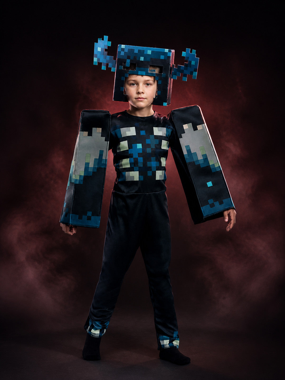 Warden Costume Jumpsuit, Blue Black Pixelated Cosplay Bodysuit with Headpiece main product view