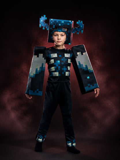 Warden Costume Jumpsuit, Blue Black Pixelated Cosplay Bodysuit with Headpiece main product view