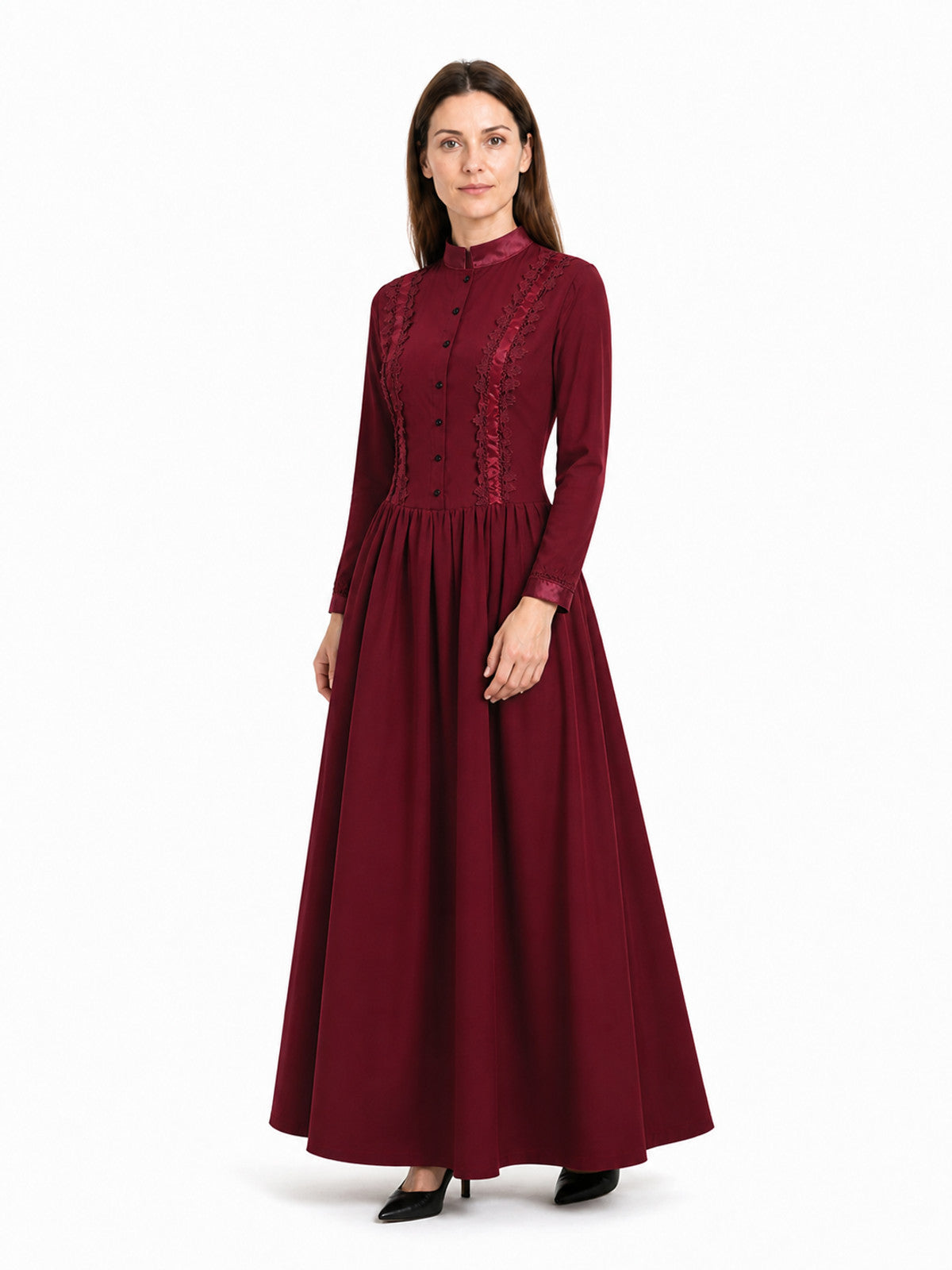 Gothic Lace Dress with High Collar, Burgundy Costume Dresses detail