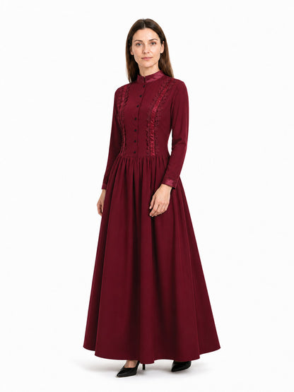 Gothic Lace Dress with High Collar, Burgundy Costume Dresses detail
