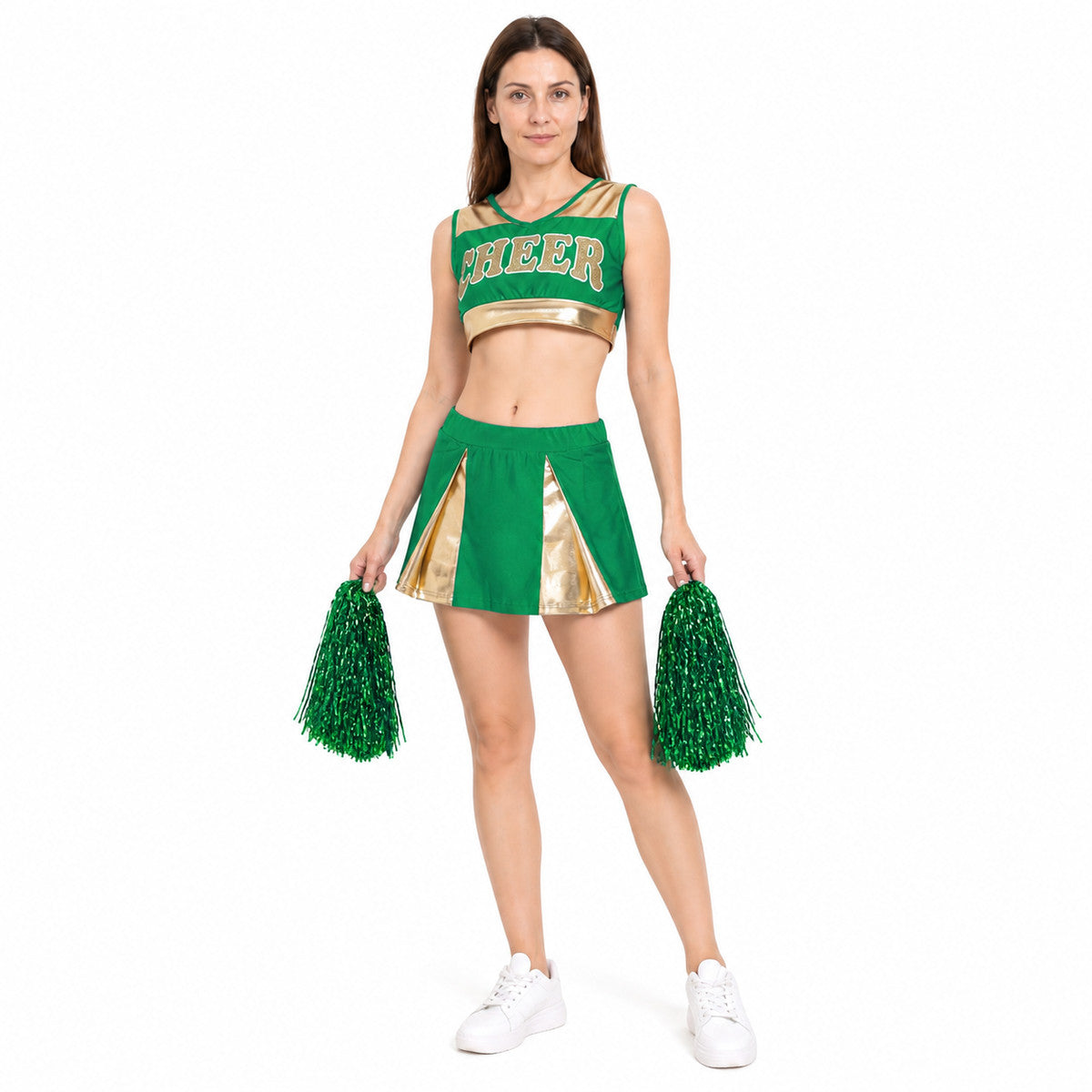 Cheerleading Costume: Green Top, Gold-Accent Skirt, and Pom-Poms Costumes detail