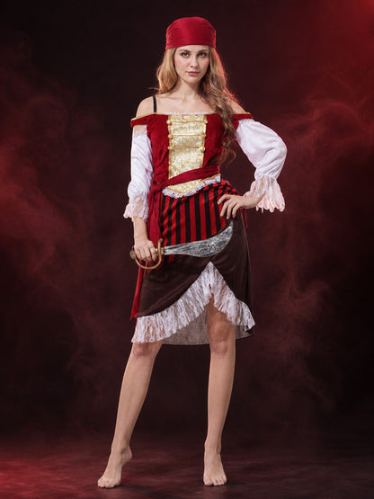 Women's Pirate Costume Set - Red & Black Striped Skirt, Lace Trim, Headband