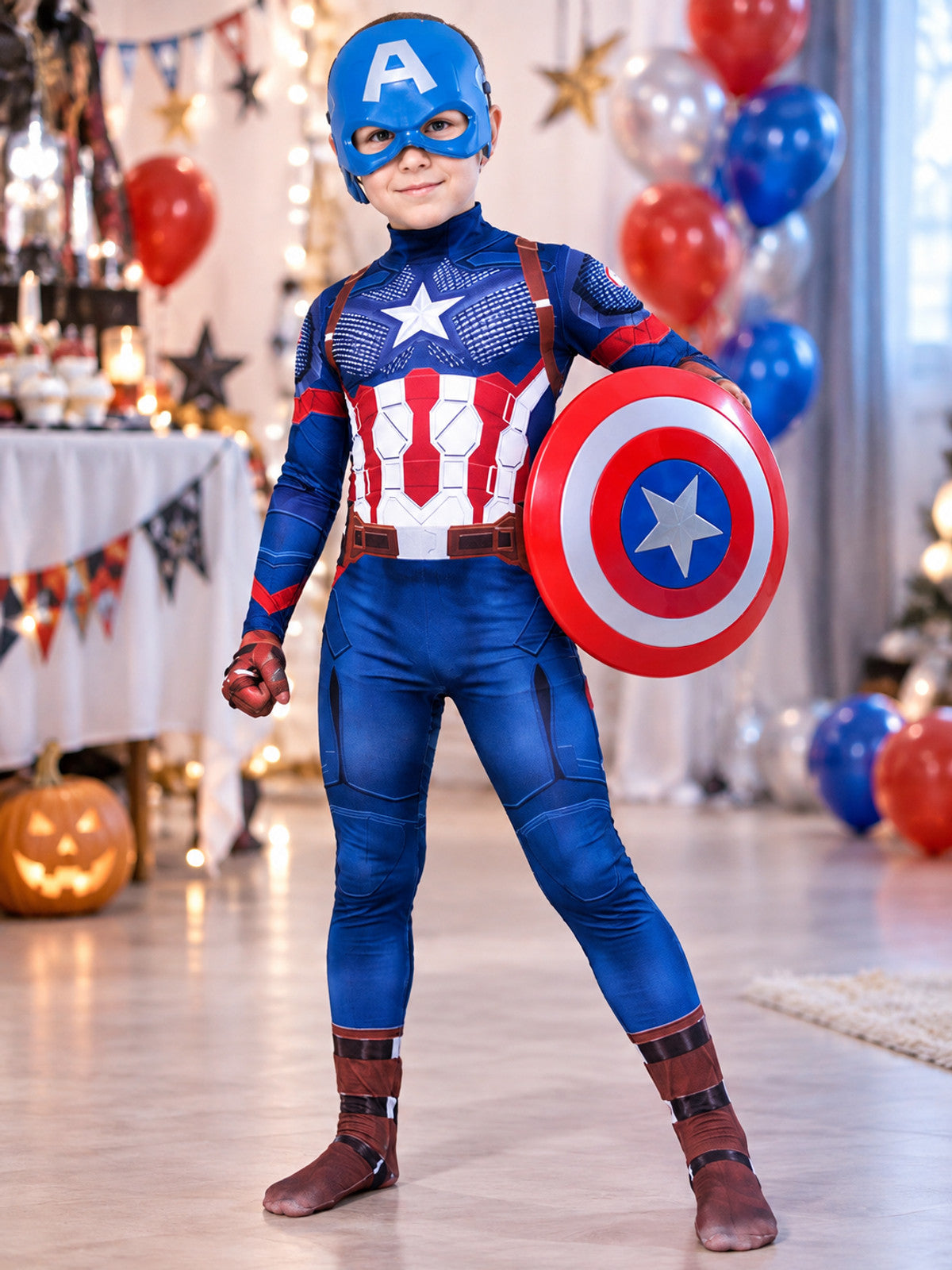 Superhero costume, red jumpsuit with mask and shield