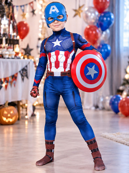 Superhero costume, red jumpsuit with mask and shield