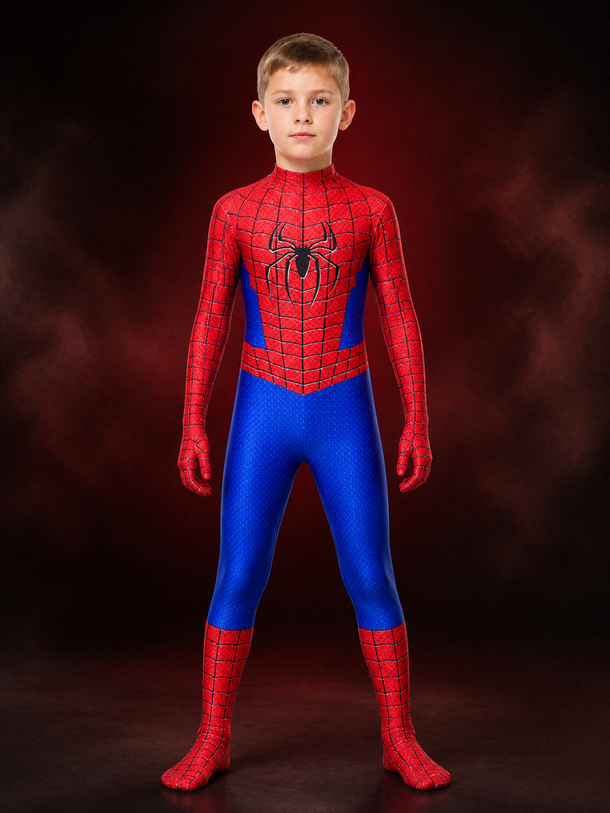 Kids Red And Blue Spider-Themed Full-Body Bodysuit Costume With Mask main product view