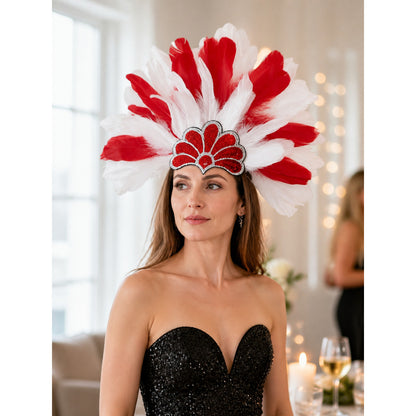 Red and White Feathered Carnival Headpiece lifestyle view