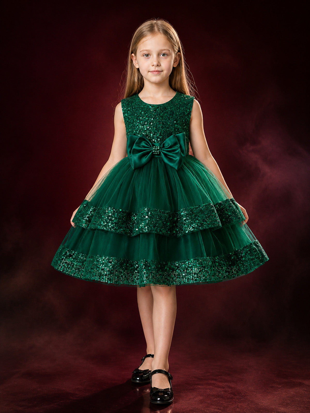 Girls' Dark Green Sequined Princess Dress, Layered Mesh Skirt With Satin Bow