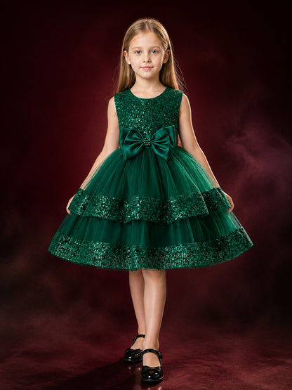 Girls' Dark Green Sequined Princess Dress, Layered Mesh Skirt With Satin Bow