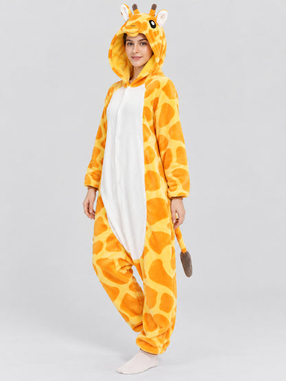 Flannel Kigurumi Pajama Jumpsuit with Giraffe Hood