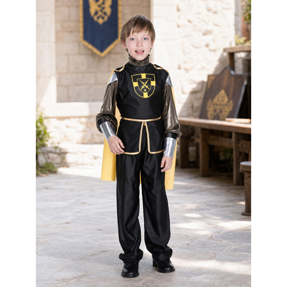 Children's knight costume with tunic, cape, and pants lifestyle