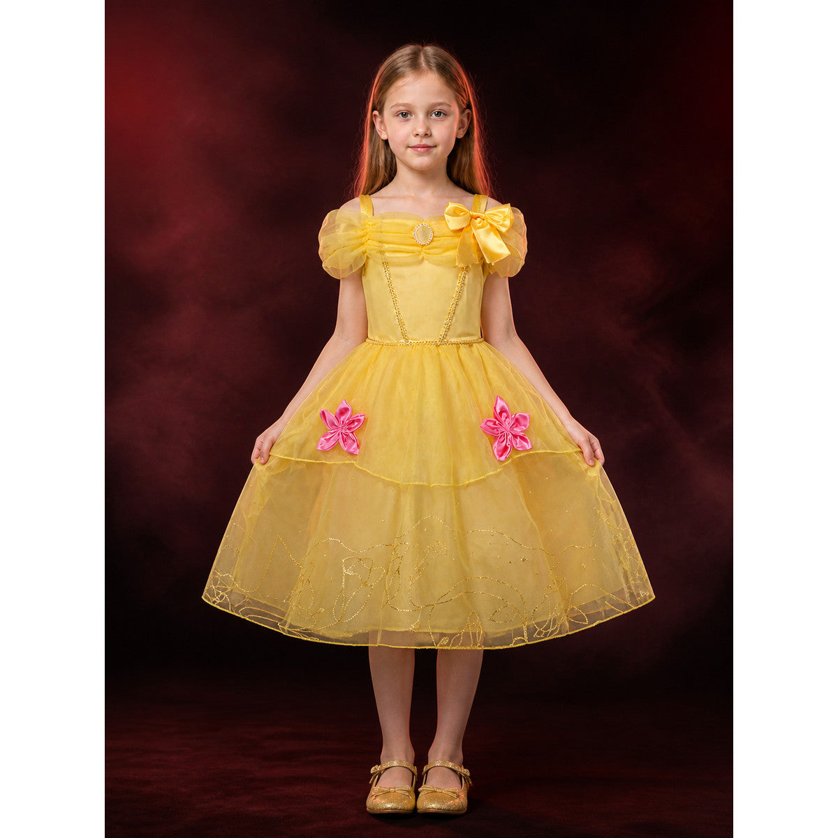 Girls Princess Costume Dress, Yellow Tutu with Pink Flowers - Halloween Party lifestyle