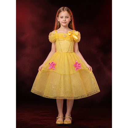Girls Princess Costume Dress, Yellow Tutu with Pink Flowers - Halloween Party lifestyle