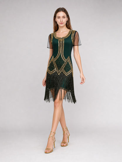 This fringed dress is designed in a vintage cocktail style, combining dark green