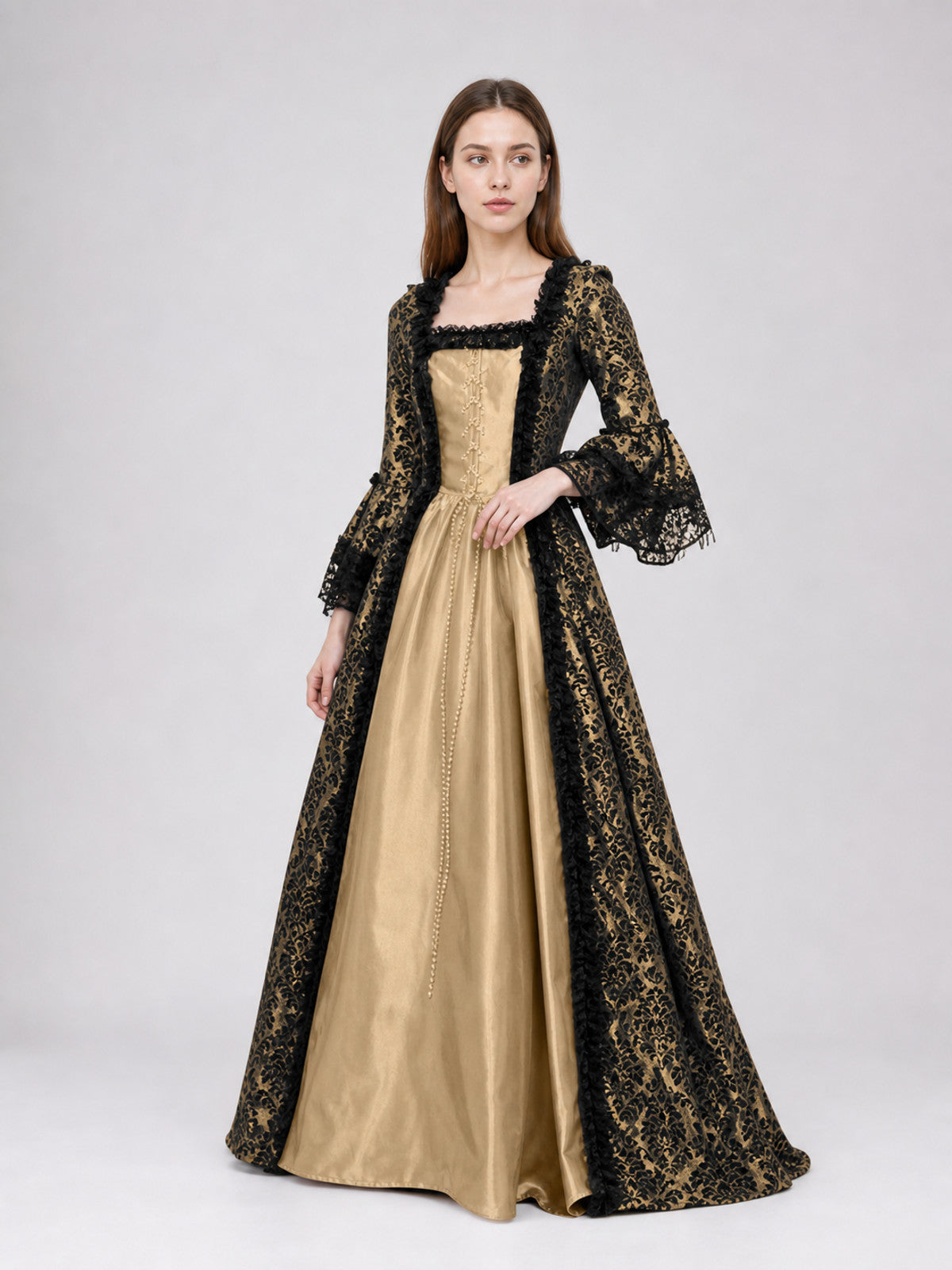 The dress is designed in a historical style with theatrical and decorative