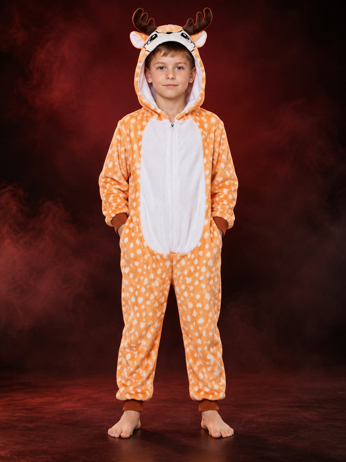 Orange Fleece Pajama Jumpsuit with Hood and Ears