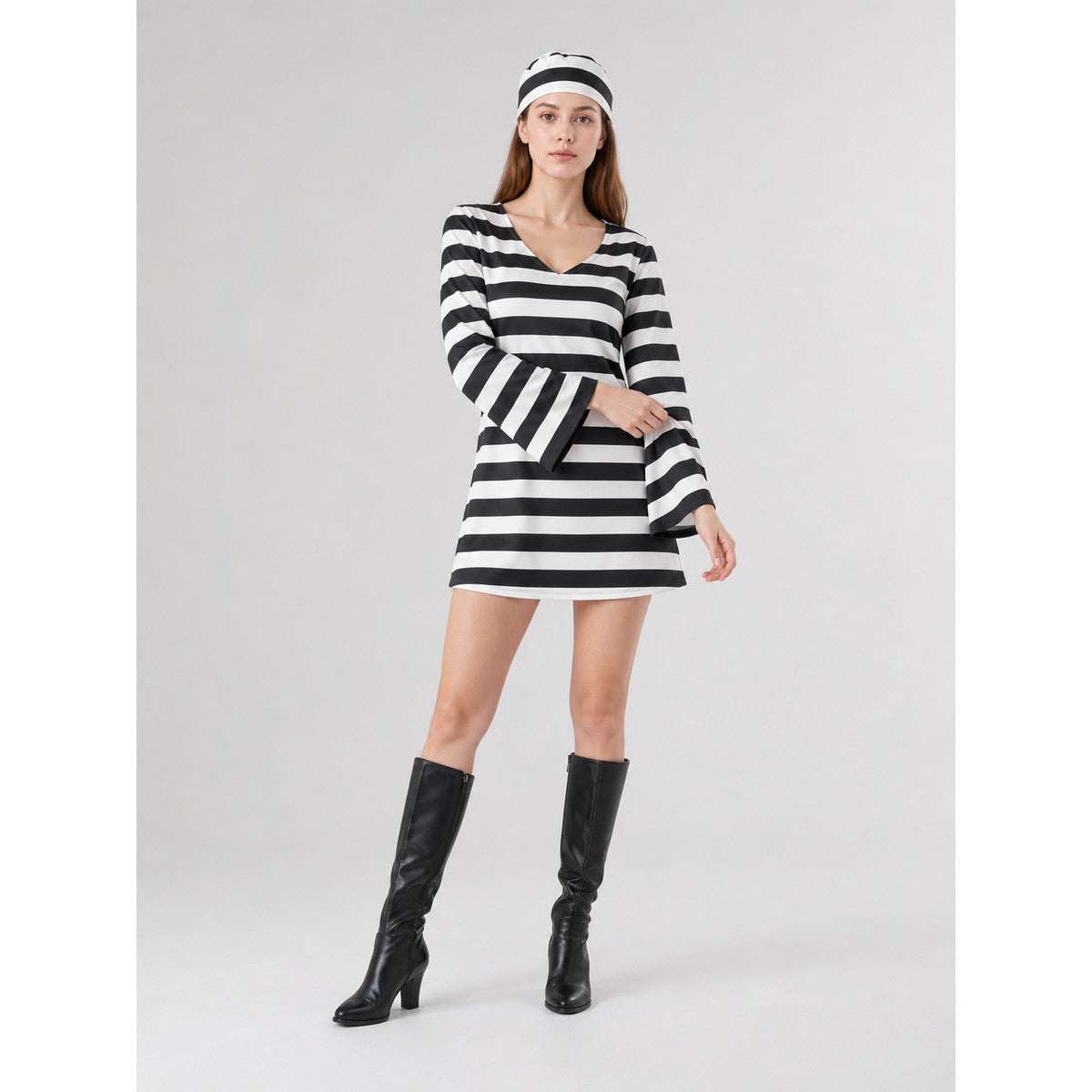 Striped Costume with Hat for Cosplay and Parties on-model front view