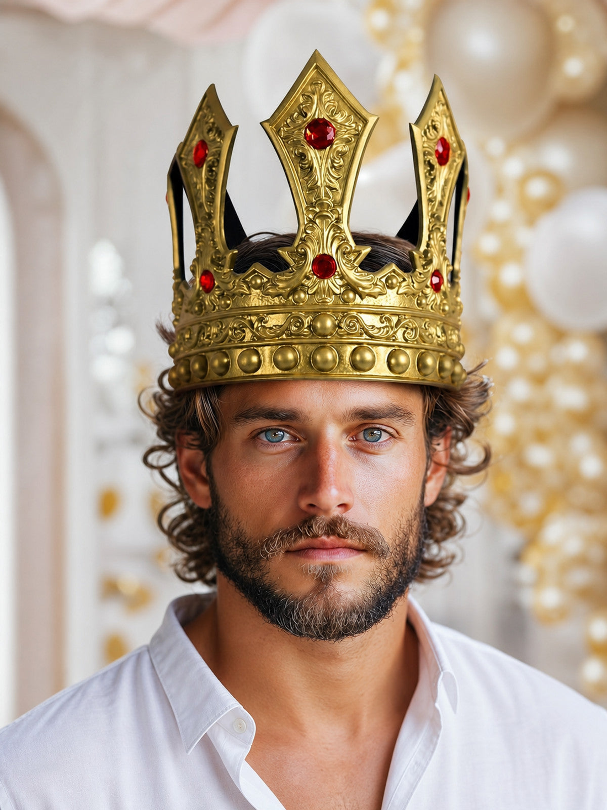 Gold ornate crown with red stones, shown front-facing on a man in a white shirt at a decorated event