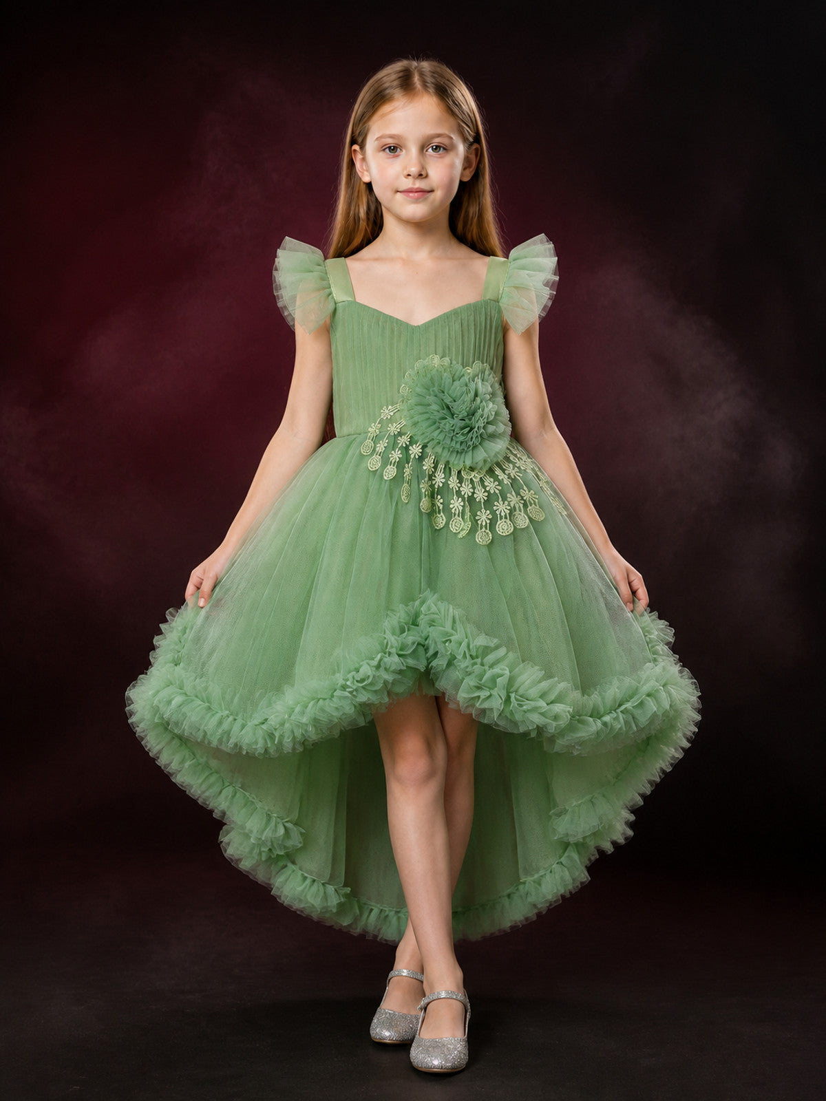 Baby Girls Flower Girl Princess Dress, Layered Tulle Skirt, Ruffle Sleeves and main product view