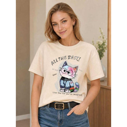 Apricot Cat Print T-Shirt for Parties lifestyle
