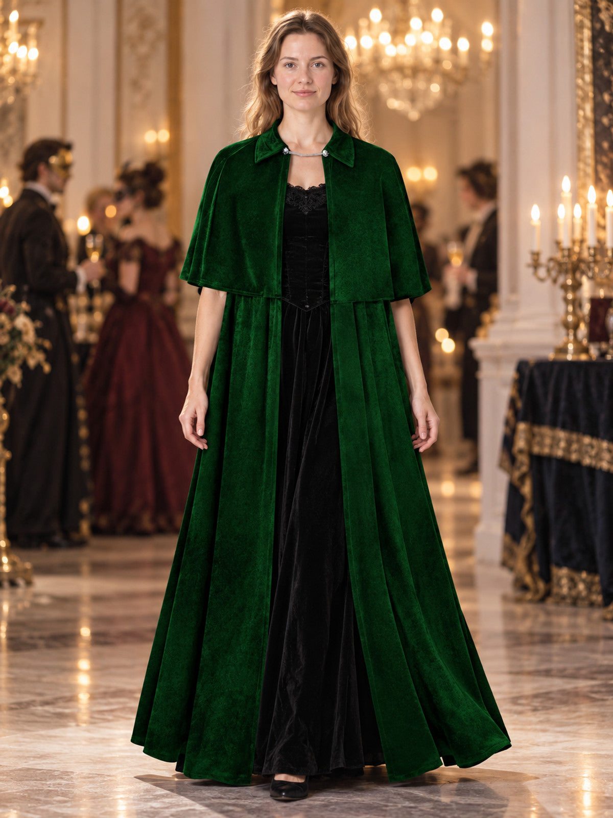 Long Dark Green Velvet Cloak with Collar