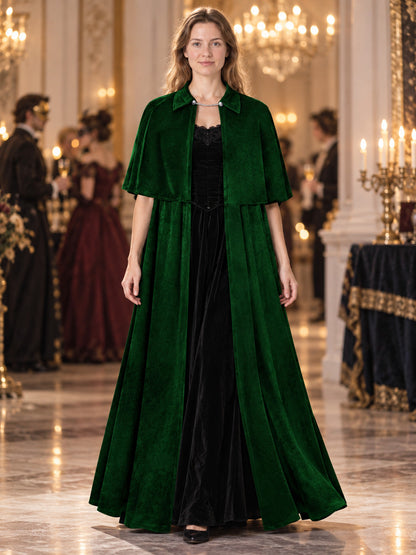 Long Dark Green Velvet Cloak with Collar