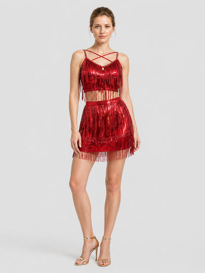 Red Stage Costume: Top and Fringed Skirt Costumes detail
