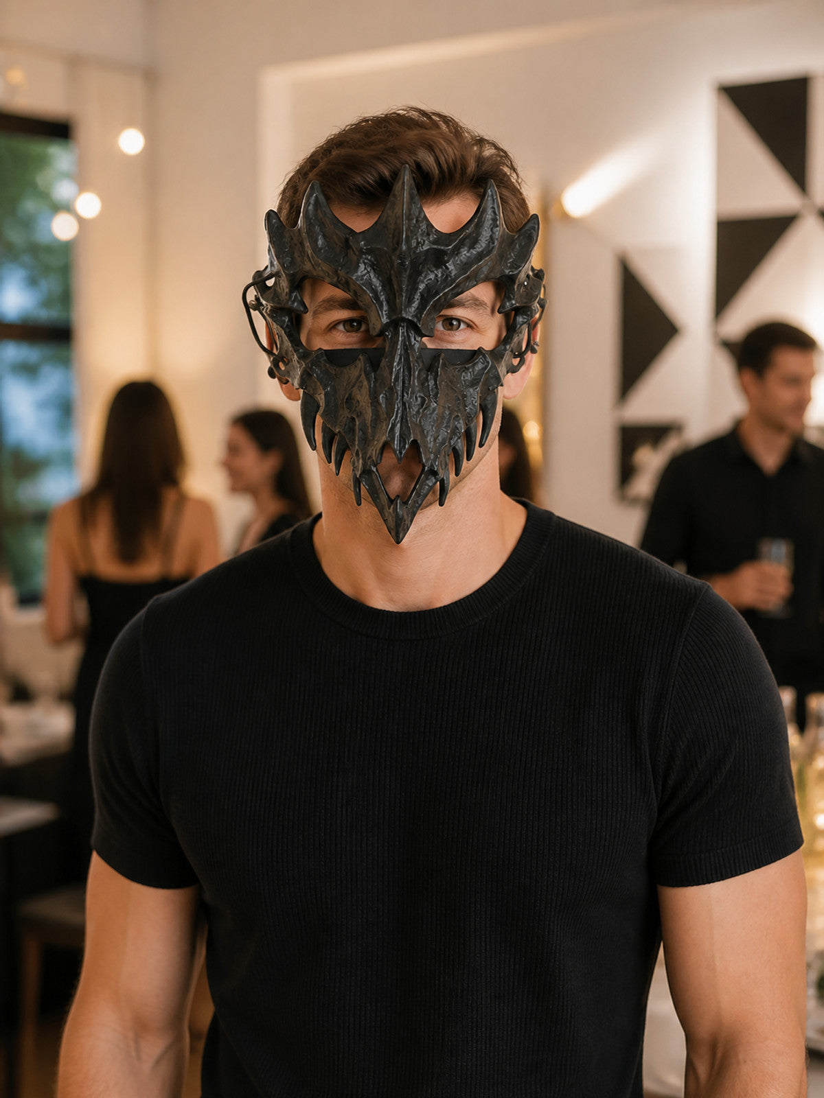 Black Halloween Skeleton Mask, Spike-Studded Half Mask lifestyle view
