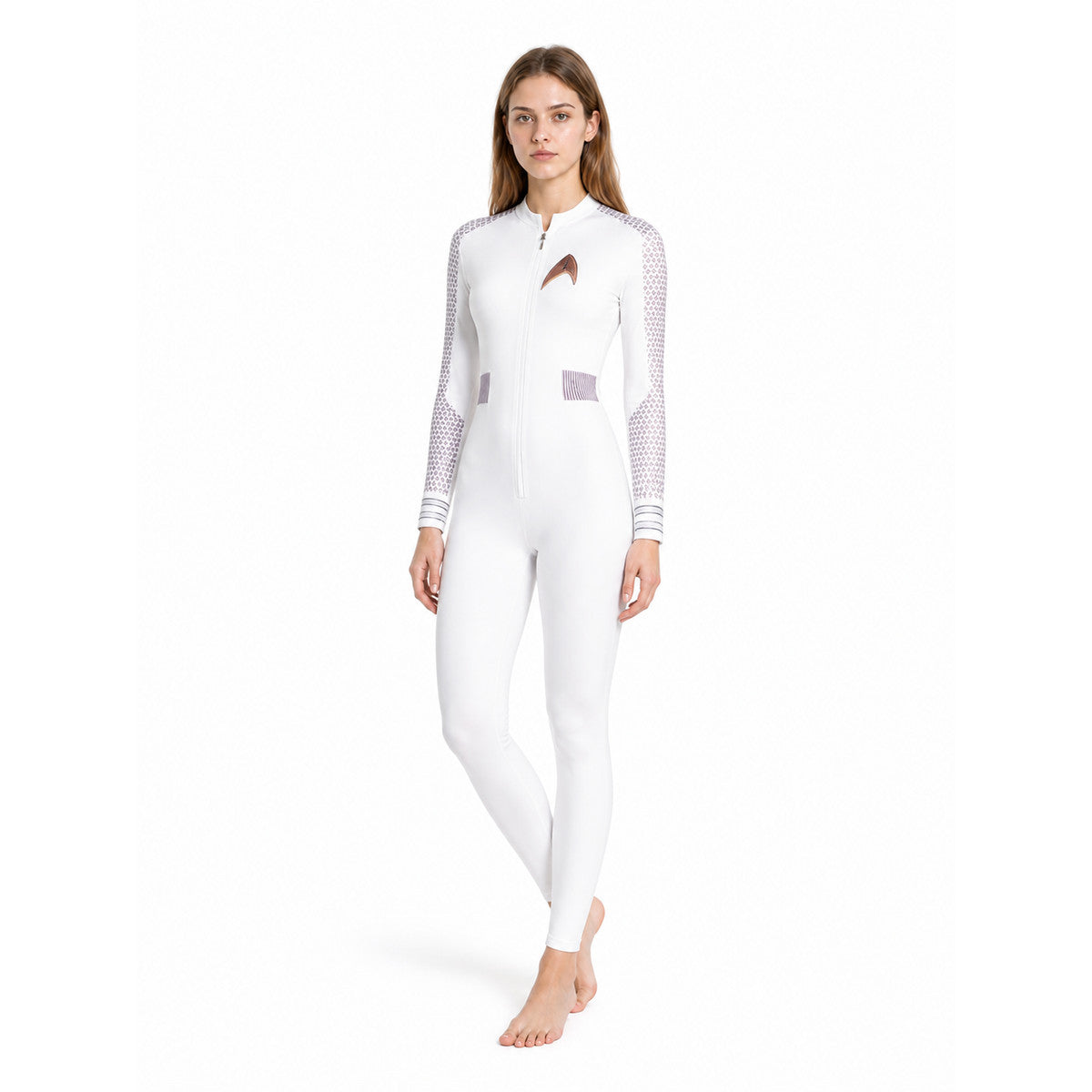 White Jumpsuit with Zipper and Stand Collar product detail