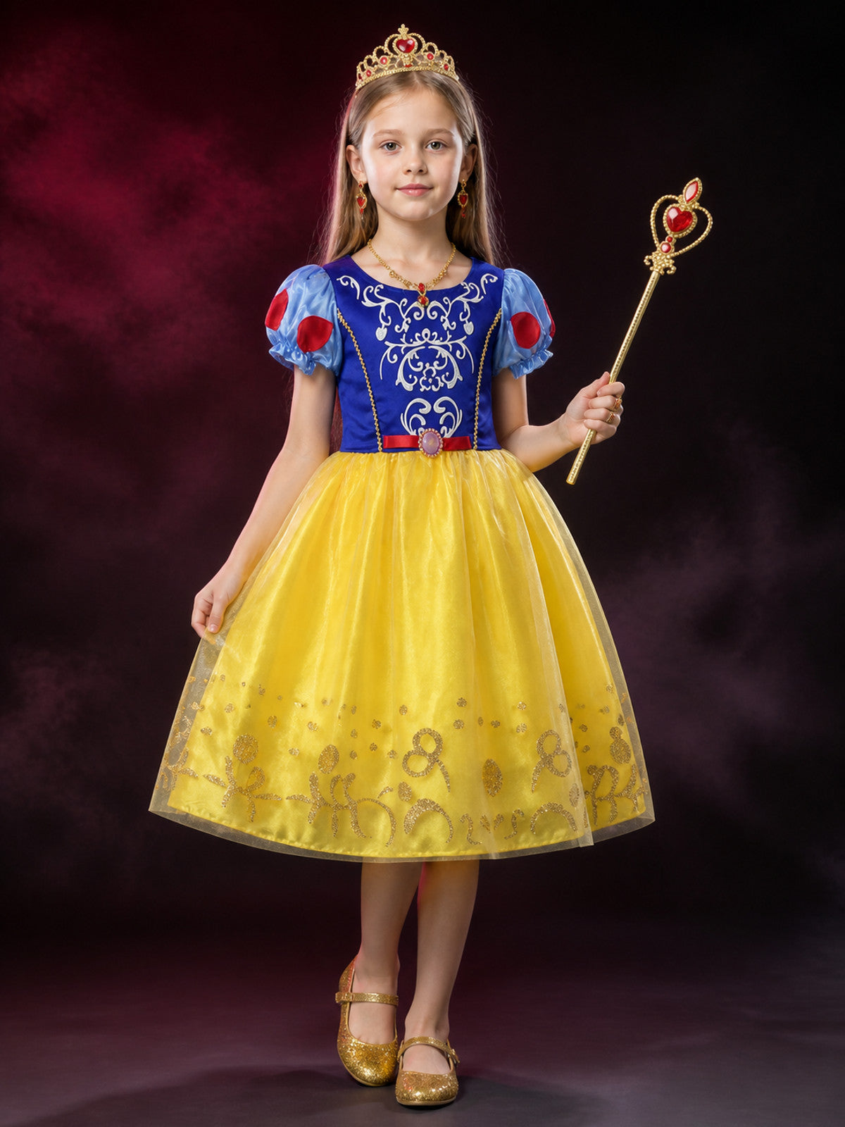 Girls Snow White Princess Costume Set - Tutu Dress With Puff Sleeves, Crown