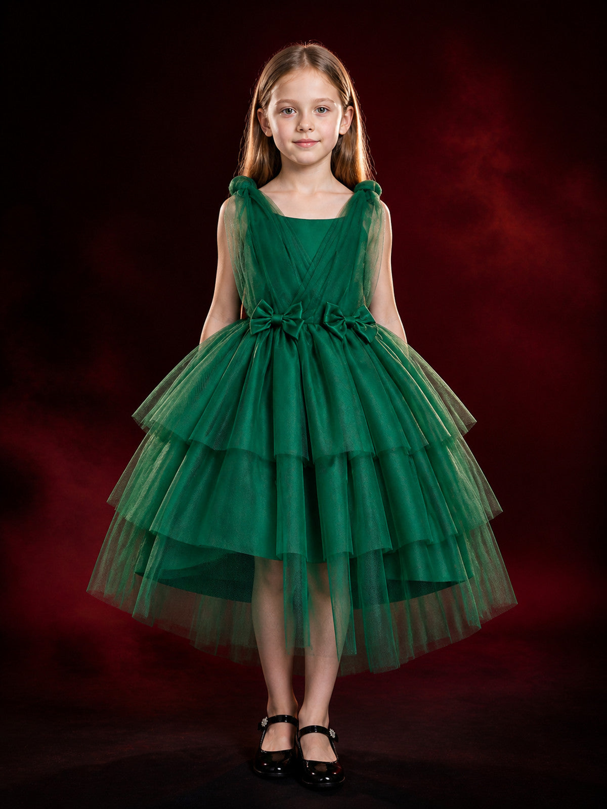 Girls' Dark Green Princess Dress, Sleeveless V-Neck Layered Tulle Gown With Bow main product view