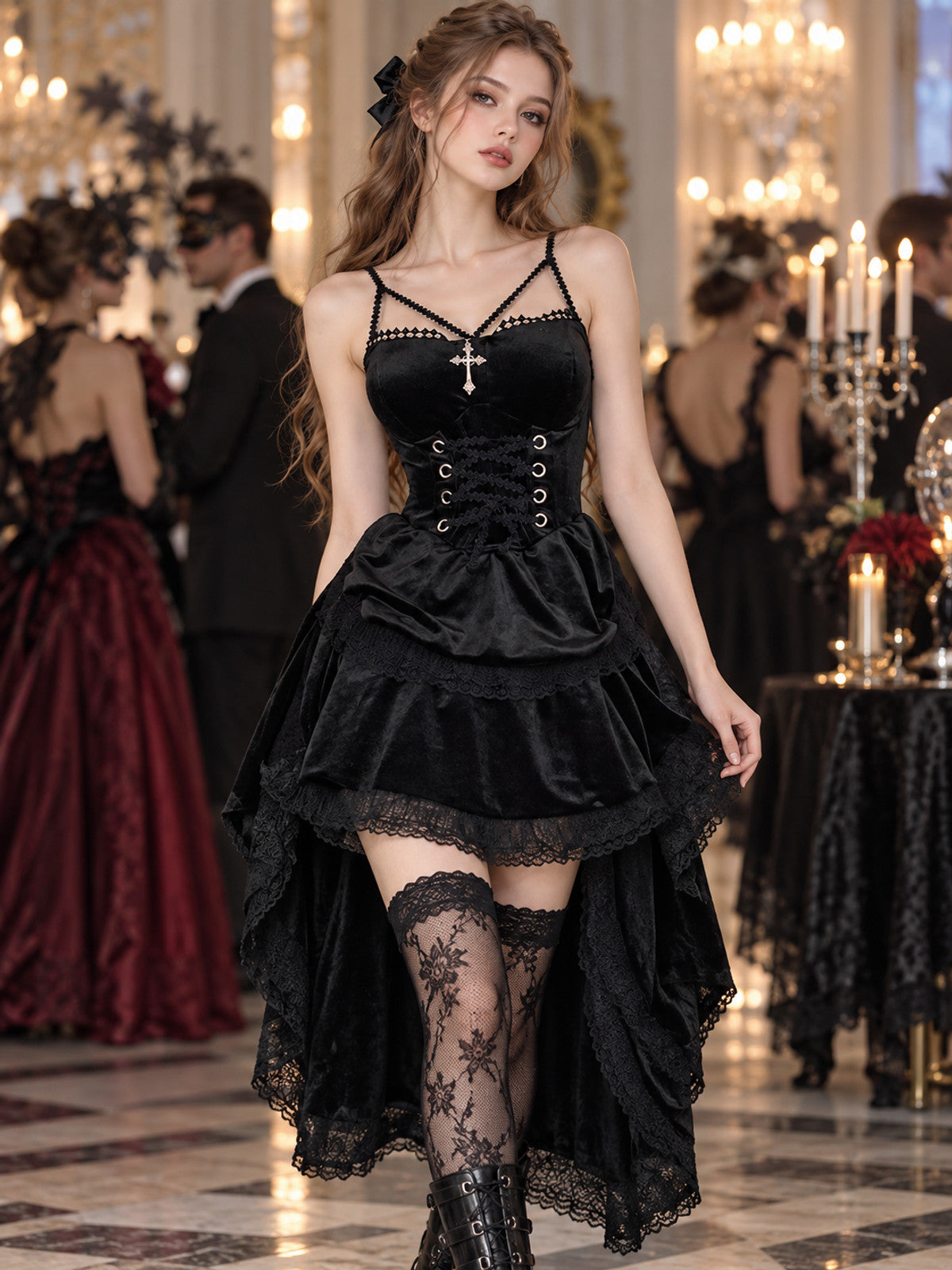 Gothic Black Velvet Dress with Lace and Lacing