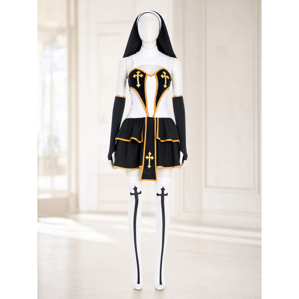 Religious carnival costume with crosses and a veil