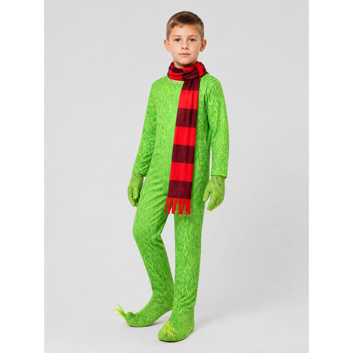 Grinch Carnival Costume: Green Jumpsuit with Scarf Costumes detail