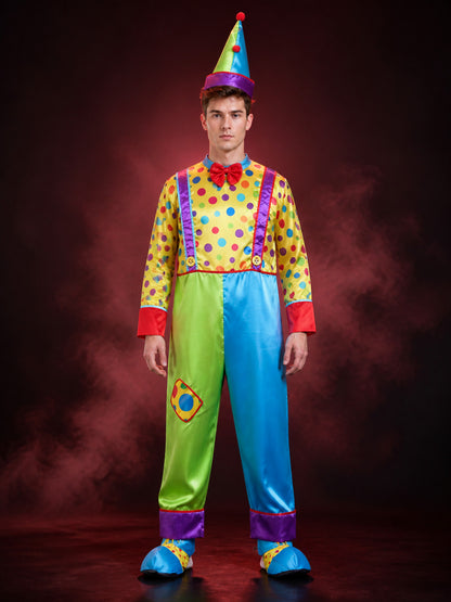 Adult Unisex Clown Jumpsuit Costume, Colorful Dot Print Bodysuit with Matching main product view 2