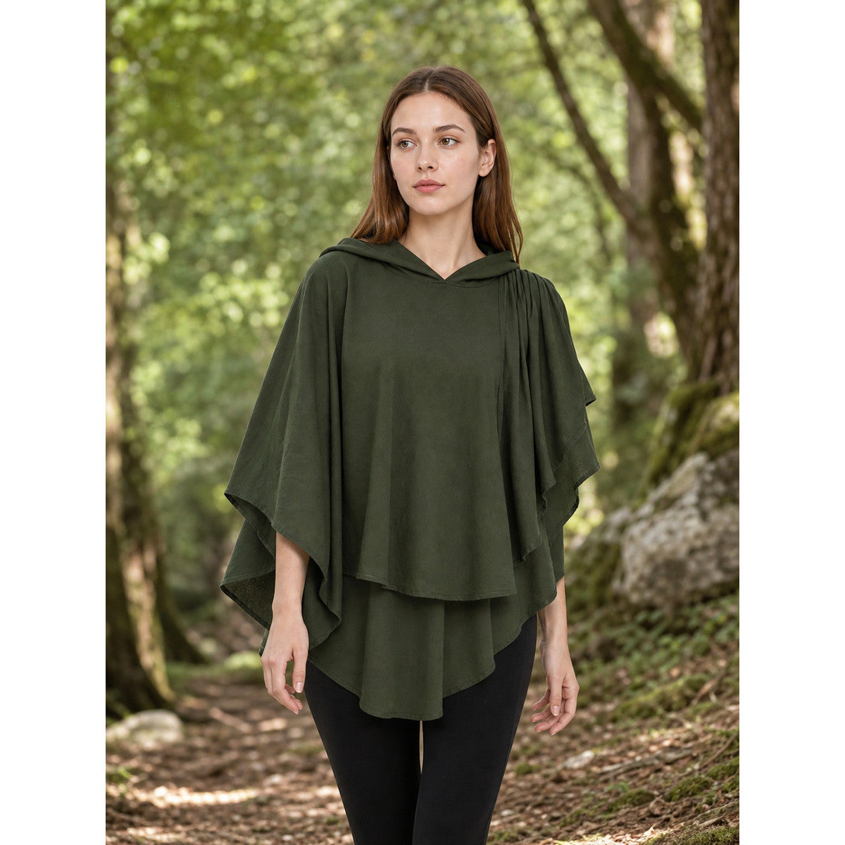 Hooded cloak-cape, green, fantasy style lifestyle